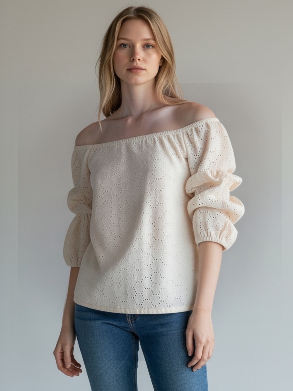 CECE Off-Shoulder Eyelet Blouse Gathered Sleeves in Cream Size Small